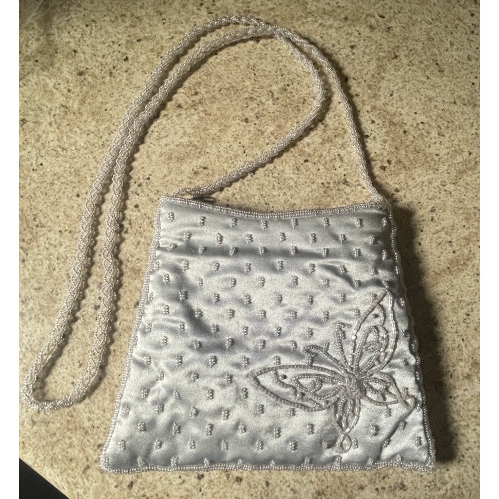 Sasha Silver Beaded Butterfly Small Purse With 22" Chain Wedding Special Event